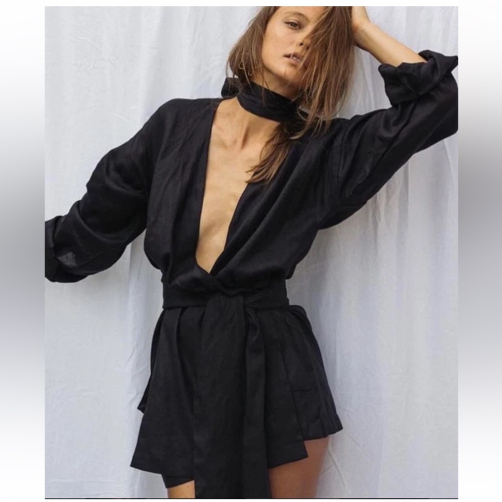 CONSIGNED SIR THE LABEL Black Anouk Linen Kimono Wrap Mini Dress 0 XS S